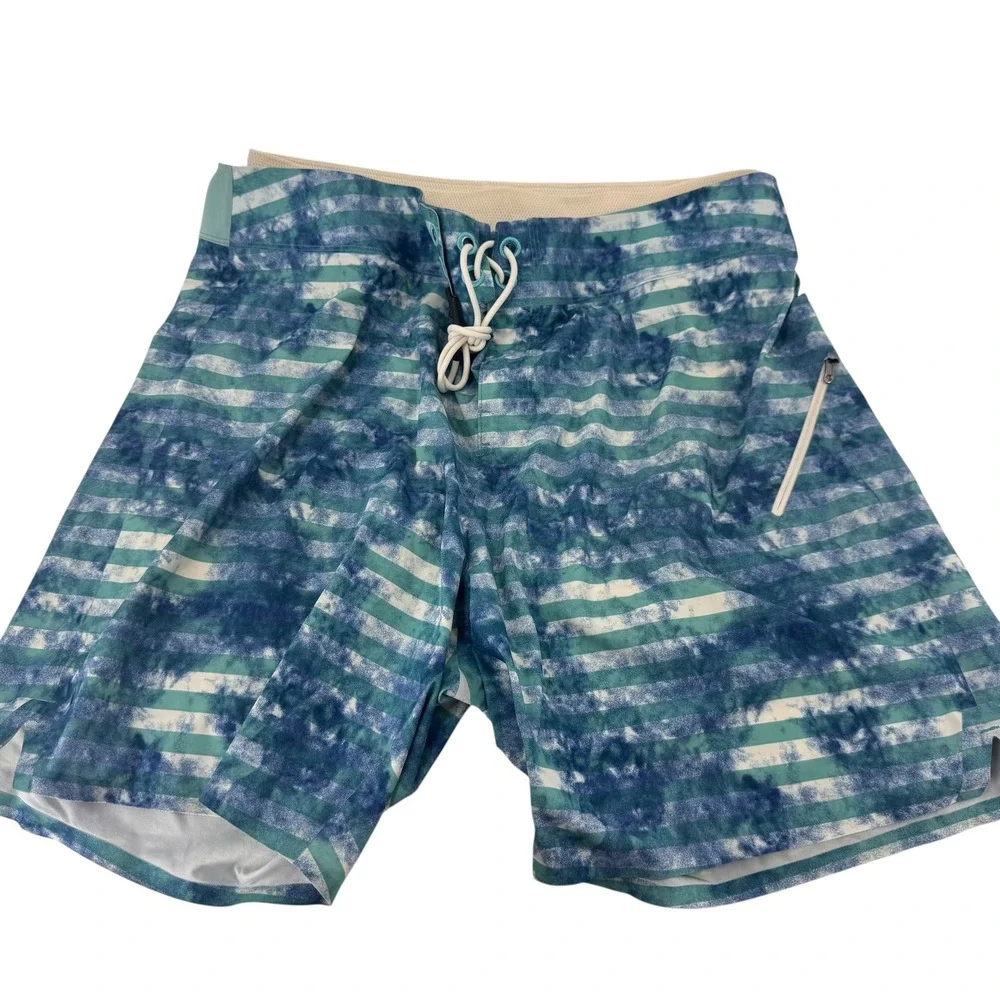Lululemon Mens Current State Board Shorts‎ Blue Teal Striped Tie Dye Size 36